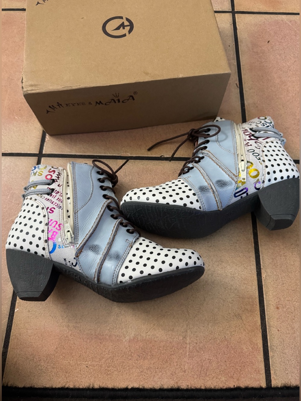 MAIA TMA Eyes Polka dot Ankle Boots Leather Multicolor Round Toe Lace Up - Picture 4 of 12